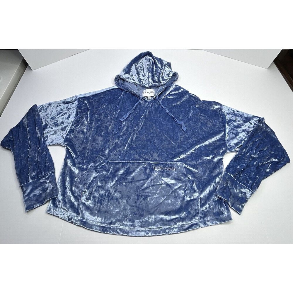Spyder Cropped Hoodie Womens XL Crushed Velvet Velour Sweatshirt Light Blue